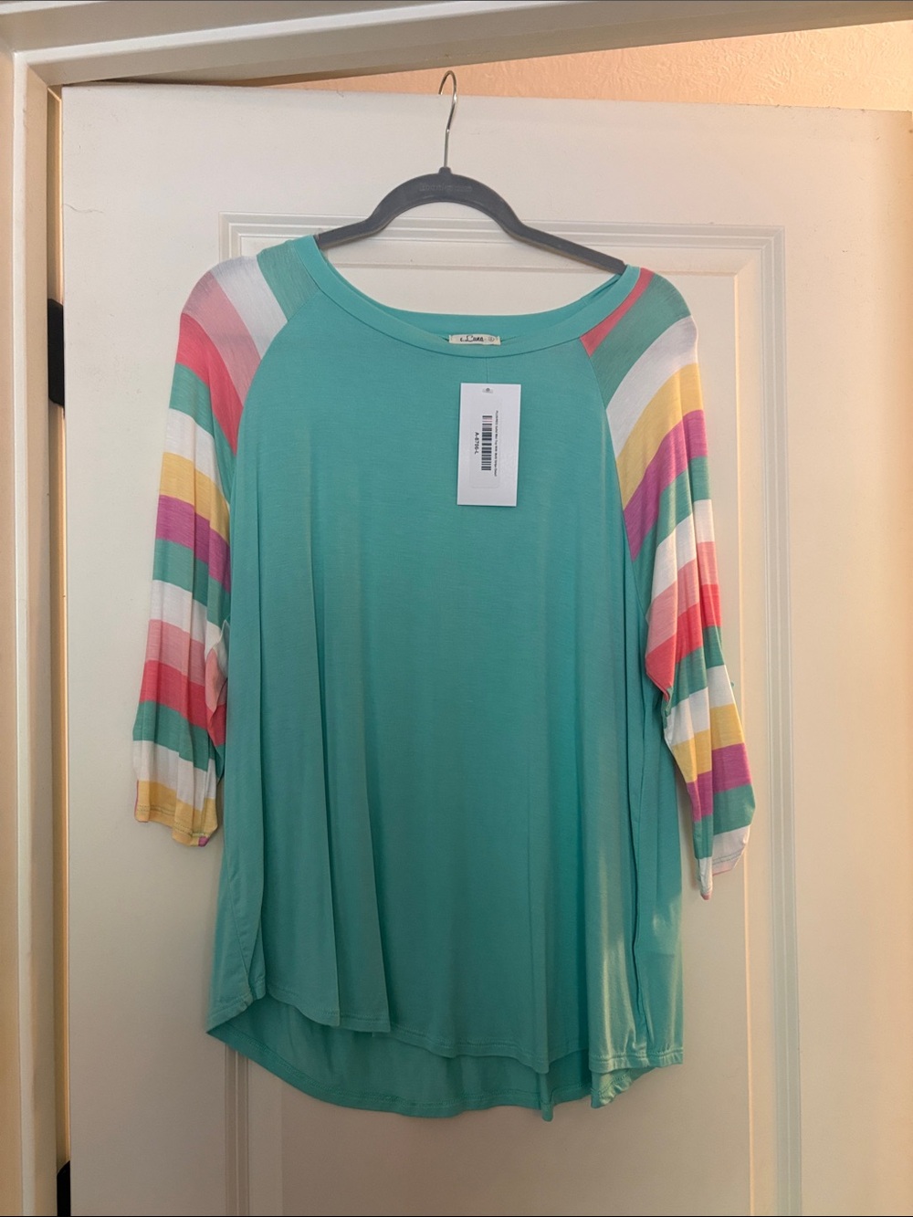 Teal Long Sleeve Raglan Top with Multicolor Stripe Sleeves
